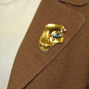 Schiaparelli Inspired Surrealist Face Mask Brooch Gold Plated - NEW